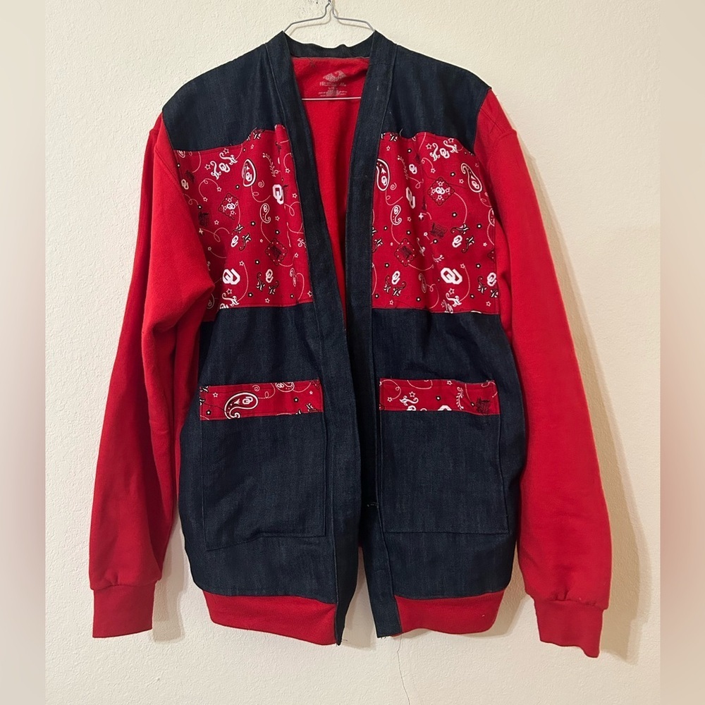 Fruit of the Loom Red and Denim Cardigan Open Sweater Jacket Oklahoma Women's L
